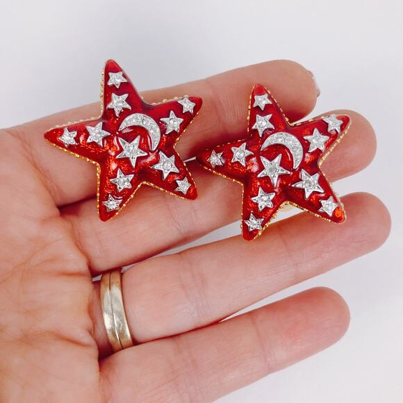 The Quacker Factory Red Enamel Celestial Star Moon Clip On Earrings Vintage Y2K - Picture 3 of 12